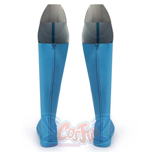 Invincible Mark Grayson cosplay boots centering the light blue shafts, grey upper cuffs, and back zippers.