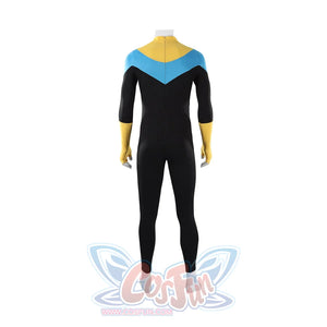 Invincible Mark Grayson cosplay costume full body back view, a black suit with integrated yellow gloves.