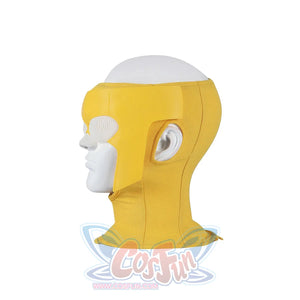 Invincible Mark Grayson cosplay costume full fabric mask with rigid yellow eyepieces and an open top design.