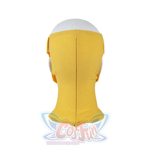 Invincible Mark Grayson cosplay costume yellow hood piece centering the rear view with a central zipper and ear covers.