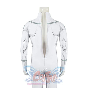 Invincible Mark Grayson cosplay costume back view extends the white suit from collar to lower leg panels.