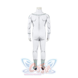 Invincible Mark Grayson cosplay costume reveals the back paneling and mint boot covers on the white suit.