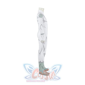Invincible Mark Grayson cosplay costume turns the white bodysuit side view toward the mint boot cover.