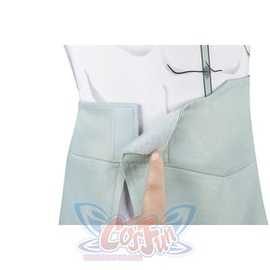 Invincible Mark Grayson cosplay costume waist closure detail tucks the pale green wrap over white fabric.