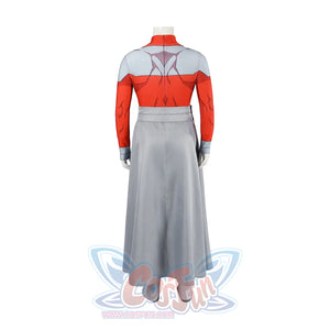 Invincible Thragg cosplay costume reveals the gray shoulder pattern and red bodysuit from behind.