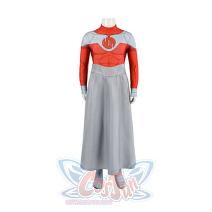 Invincible Thragg cosplay costume centers the red Viltrumite bodysuit under the gray waist cincher.