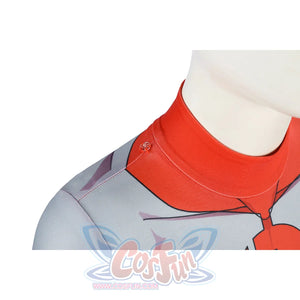 Invincible Thragg cosplay costume collar detail fastens the red neckline above the gray shoulder print.