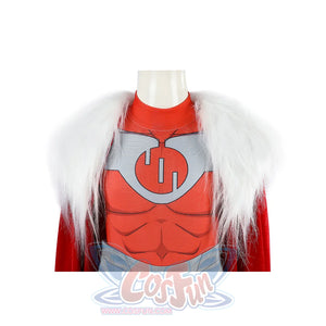Invincible Thragg cosplay costume chest detail frames the red emblem under white faux fur collar trim.