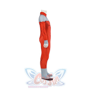 Invincible Thragg cosplay costume turns the red bodysuit side view toward gray boot and wrist cuffs.