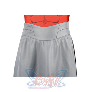 Invincible Thragg cosplay costume waist cincher detail wraps gray fabric over the lower bodysuit.