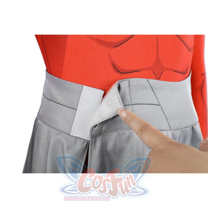 Invincible Thragg cosplay costume waist closure detail tucks the gray cincher over the red suit.