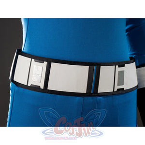 Invisible Woman cosplay costume belt detail sets white rectangular panels across the blue waist.