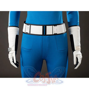 Invisible Woman cosplay costume belt front view anchors white segmented panels above the blue pants.