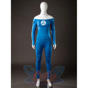 Invisible Woman cosplay costume clean front view centers the chest emblem over fitted blue panels.