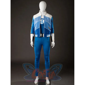 Invisible Woman cosplay costume front view anchors the cropped jacket above a white segmented belt.