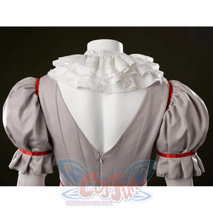 IT Pennywise Bishoujo cosplay back neckline detail opens a gray bodice below the layered white ruff.