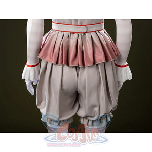 IT Pennywise Bishoujo cosplay back shorts detail gathers gray fabric below the pink peplum and red belt.