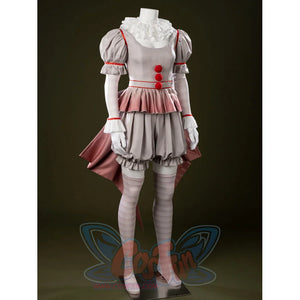 IT Pennywise Bishoujo cosplay costume centers puff sleeves, red trim, and tiered pink skirt layers.