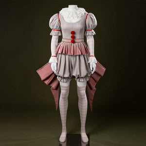 COSFUN IT Pennywise Bishoujo cosplay costume layers a ruffled clown top over pink peplum shorts.