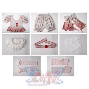 IT Pennywise Bishoujo cosplay costume set flat lay arranges the top, shorts, belt, bow, ruff, and gloves.