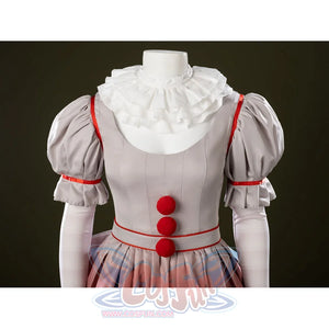 IT Pennywise Bishoujo cosplay bodice detail stacks a white ruff above red buttons and puff sleeves.