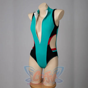 My Hero Academia Izuku Midoriya cosplay swimsuit opens the long front zipper below the striped collar.
