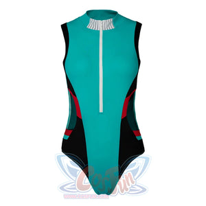 My Hero Academia Izuku Midoriya cosplay swimsuit lays the teal monokini flat around black side panels.