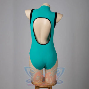 My Hero Academia Izuku Midoriya cosplay swimsuit turns the open back cutout across the teal monokini.