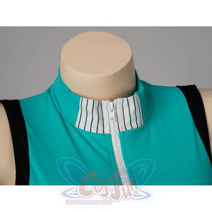 My Hero Academia Izuku Midoriya cosplay swimsuit frames the striped collar above the white front zipper.