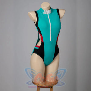 My Hero Academia Izuku Midoriya cosplay swimsuit turns the teal front zipper toward black side insets and red trim.