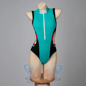 COSFUN My Hero Academia Izuku Midoriya cosplay swimsuit centers a teal zip-front monokini between black side panels.