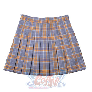 Flat front view of the JK plaid pleated skirt shows a straight waistband and orderly gray-yellow pleats.