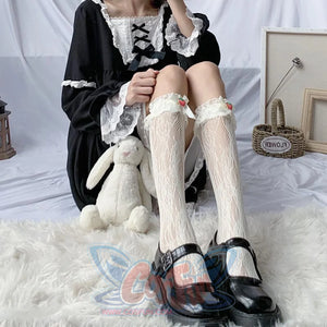 Jk Lace Strawberry Lolita Calf Length Socks Cute Women Stockings Japanese Beige / One Size