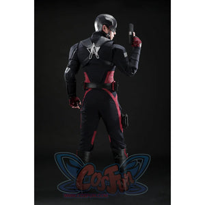 Thunderbolts John Walker cosplay costume centers a silver star on the back above a red and dark blue suit.