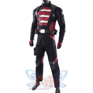 Thunderbolts John Walker cosplay costume pairs a padded black suit with harness and belt.