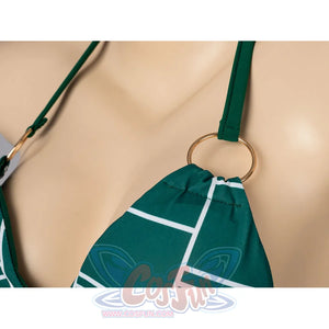 Jolyne Cujoh cosplay bikini strap detail anchors a gold-tone ring and green halter tie.