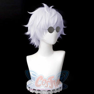 Gojo Satoru cosplay glasses set against a short white spiky hair look, centering round black frames.
