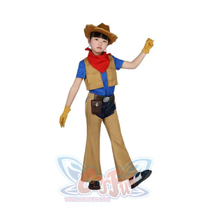 Child in Cowgirl Peach cosplay costume, striking an action pose to show movement.