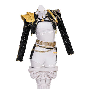 kpop demon hunters rumi cosplay costume, a glamorous stage performance outfit in black and white with gold accents; black sequin short coat with gold 3d shoulder decorations, chains, and star ornaments; white bodysuit underneath; layered gold waist chains and wide belt; white shorts with black side panels; dazzling design perfect for singers and dancers to showcase their stage presence