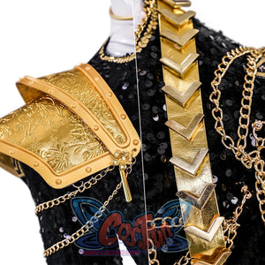 kpop demon hunters rumi cosplay costume with black sequin jacket, gold shoulder details.