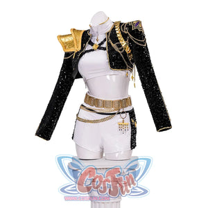 kpop demon hunters rumi cosplay costume, a glamorous stage performance outfit in black and white with gold accents; black sequin short coat with gold 3d shoulder decorations, chains, and star ornaments; white bodysuit underneath; layered gold waist chains and wide belt; white shorts with black side panels; dazzling design perfect for singers and dancers to showcase their stage presence