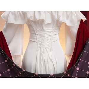 La Signora cosplay costume frames the white dress with ornate corset lacing while gathering rich red velvet shawl fabric.