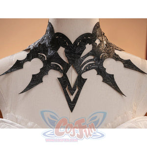 La Signora cosplay costume frames the neckline with an intricate black faux leather piece pairing ornate floral patterns.