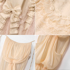Detail collage of satin bows, lace trim, crinkled mesh, and train fabric