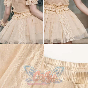 Detail collage of the Lace Skort item showing lace panels, dotted mesh, elastic waist, and layered structure