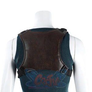 Close-up of Lara cosplay back harness over a teal sleeveless top with black shoulder straps