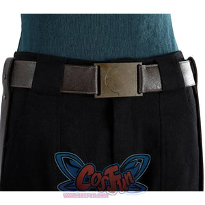 Close-up of Lara cosplay belt and black shorts with a wide brown waist strap and rectangular front buckle