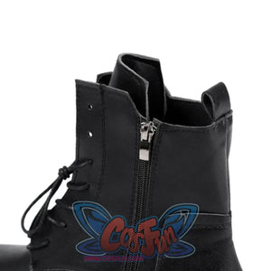 Close-up of Lara cosplay black lace-up boot with side zipper, textured sole, and dark laces