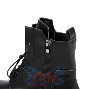 Close-up of Lara cosplay black lace-up boot with side zipper, textured sole, and dark laces