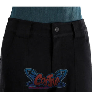 Close-up of Lara cosplay black shorts with belt loops, front button, and zipper area